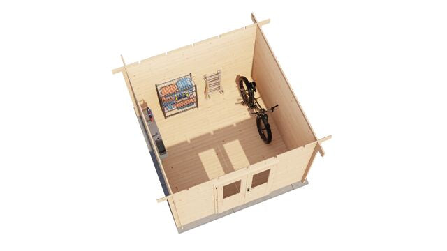 Förråd Uddevalla - 3x3m (9 kvm) - Obehandlat – 3D-vy av interiör med förvaring.