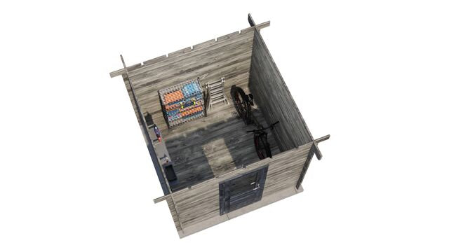 Förråd Östersund - 2,5x2,5m (6,25 kvm) - Grå Tryckimpregnerat – 3D-vy ovanifrån av interiören med hyllor och verktyg.