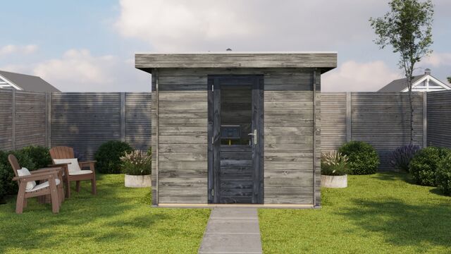 Förråd Östersund - 2,5x2,5m (6,25 kvm) - Grå Tryckimpregnerat – Sidovy med stängt fönster och tydlig träpanel.