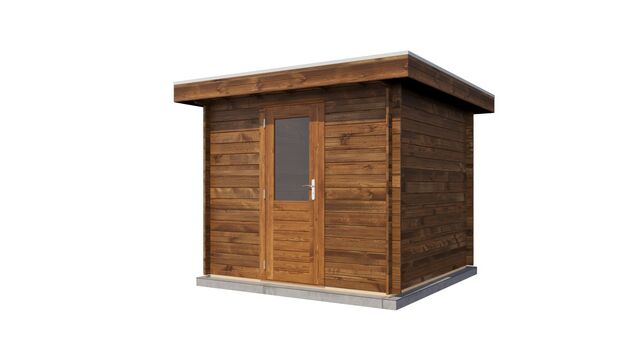 Förråd Östersund - 2,5x2,5m (6,25 kvm) - Brun Tryckimpregnerat – Sned bakifrån vy som visar förrådets trästruktur och kompakta form.