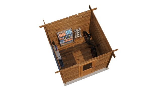 Förråd Östersund - 2,5x2,5m (6,25 kvm) - Brun Tryckimpregnerat – 3D-vy ovanifrån av interiören med hyllor och verktyg.