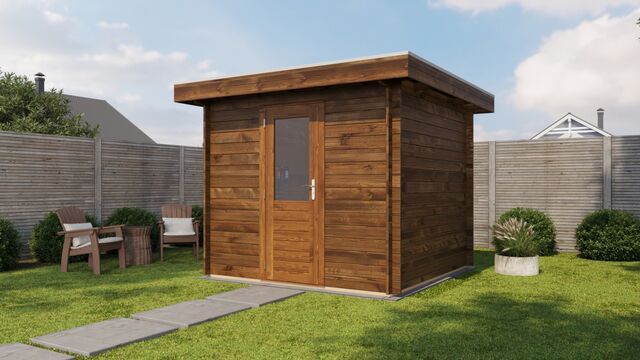 Förråd Östersund - 2,5x2,5m (6,25 kvm) - Brun Tryckimpregnerat – Sidovy med stängt fönster och tydlig träpanel.