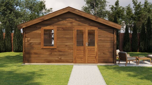 Friggebod Oskarshamn - 5x3m (15 kvm) - Brun Tryckimpregnerat – Sidovy med stängt fönster och tydlig träpanel.