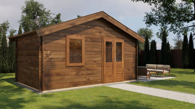 Friggebod Oskarshamn - 5x3m (15 kvm) - Brun Tryckimpregnerat – Rakt framifrån fasadvy med dörr och fönster i stängt läge.