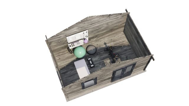 Friggebod Oskarshamn - 5x3m (15 kvm) - Grå Tryckimpregnerat – 3D-vy ovanifrån av interiören med hyllor och verktyg.