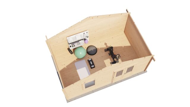Friggebod Oskarshamn - 5x3m (15 kvm) - Obehandlat – 3D-vy av interiör med förvaring.