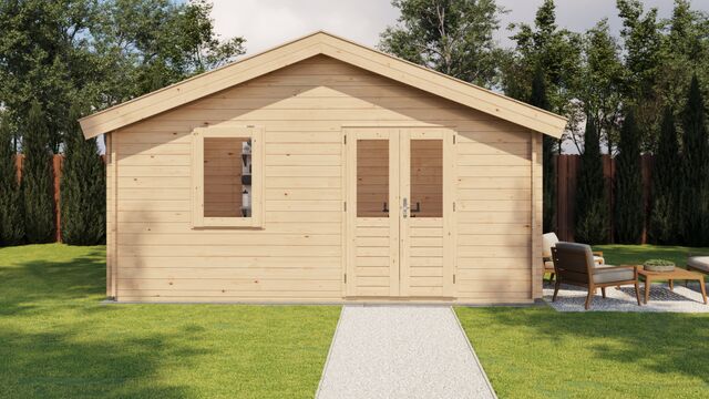 Friggebod Oskarshamn - 5x3m (15 kvm) - Obehandlat – Vy från sidan med stängd dörr.