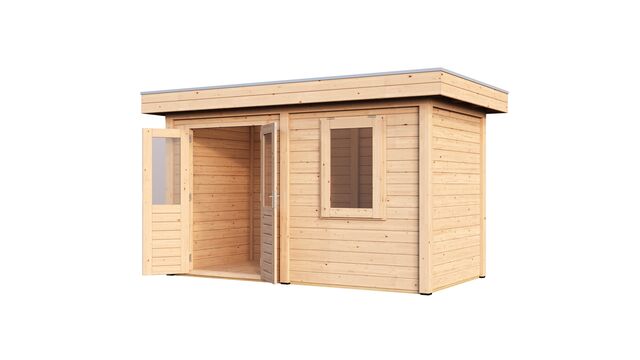 Högersida av förråd Gävle 3,9×2 m från Vykra – praktisk design i obehandlat trä