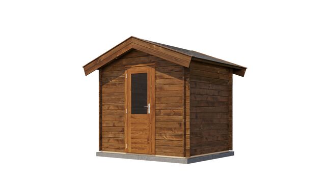 Förråd Eksjö - 2,5x2m (5 kvm) - Brun Tryckimpregnerat – Sned bakifrån vy som visar förrådets trästruktur och kompakta form.