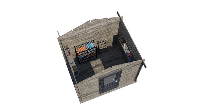 Förråd Eksjö - 2,5x2m (5 kvm) - Grå Tryckimpregnerat – 3D-vy ovanifrån av interiören med hyllor och verktyg.