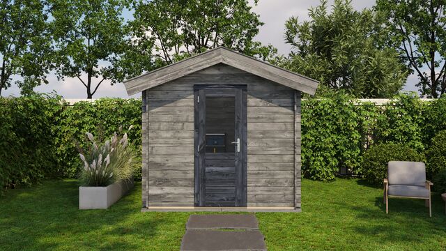 Förråd Eksjö - 2,5x2m (5 kvm) - Grå Tryckimpregnerat – Sidovy med stängt fönster och tydlig träpanel.