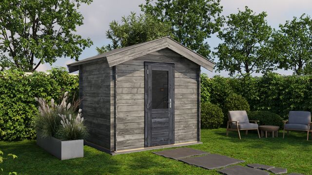 Förråd Eksjö - 2,5x2m (5 kvm) - Grå Tryckimpregnerat – Rakt framifrån fasadvy med dörr och fönster i stängt läge.