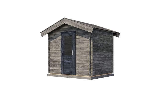 Förråd Eksjö - 2,5x2m (5 kvm) - Grå Tryckimpregnerat – Sned bakifrån vy som visar förrådets trästruktur och kompakta form.