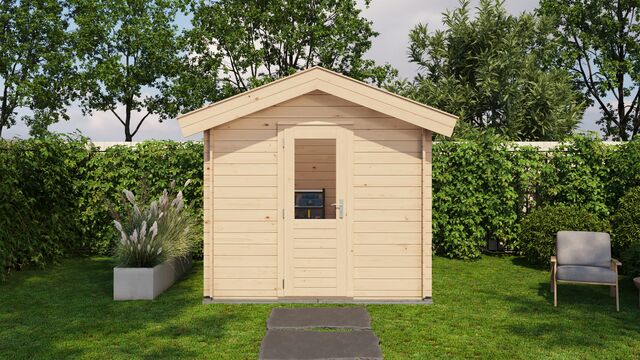Förråd Västervik - 2,5x2,5m (6,25 kvm) - Obehandlat – Vy från sidan med stängd dörr.