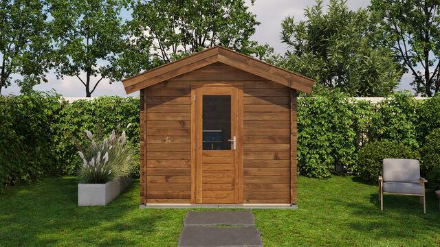 Förråd Västervik - 2,5x2,5m (6,25 kvm) - Brun Tryckimpregnerat – Sidovy med stängt fönster och tydlig träpanel.