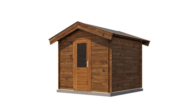 Förråd Västervik - 2,5x2,5m (6,25 kvm) - Brun Tryckimpregnerat – Sned bakifrån vy som visar förrådets trästruktur och kompakta form.