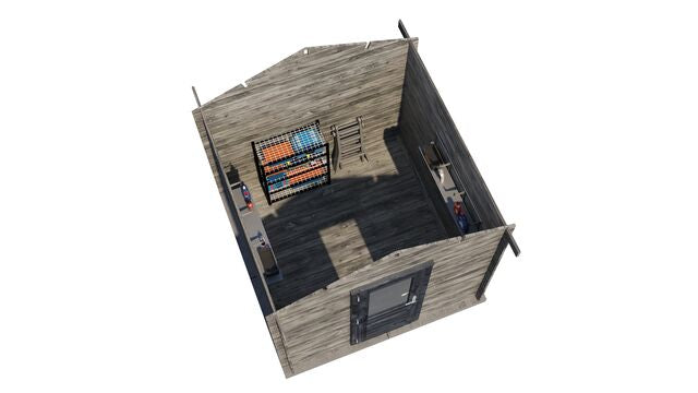 Förråd Västervik - 2,5x2,5m (6,25 kvm) - Grå Tryckimpregnerat – 3D-vy ovanifrån av interiören med hyllor och verktyg.