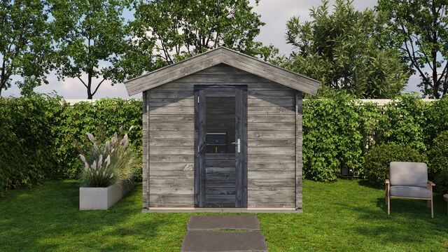 Förråd Västervik - 2,5x2,5m (6,25 kvm) - Grå Tryckimpregnerat – Sidovy med stängt fönster och tydlig träpanel.