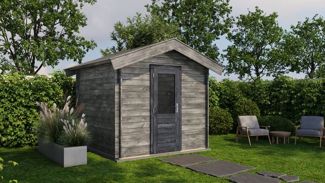 Förråd Västervik - 2,5x2,5m (6,25 kvm) - Grå Tryckimpregnerat – Rakt framifrån fasadvy med dörr och fönster i stängt läge.