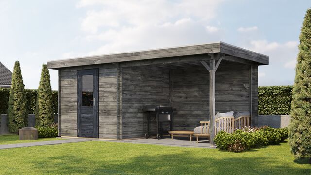 Trädgårdshus Borlänge - 5,5x2,5m (13,75 kvm) - Grå Tryckimpregnerat – Sned sidovy som visar fönstrets placering och bakre vägg.