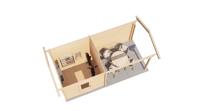 Trädgårdshus Ljungby - 5,5x2,5m (13,75 kvm) - Obehandlat – 3D-vy av interiör med förvaring.