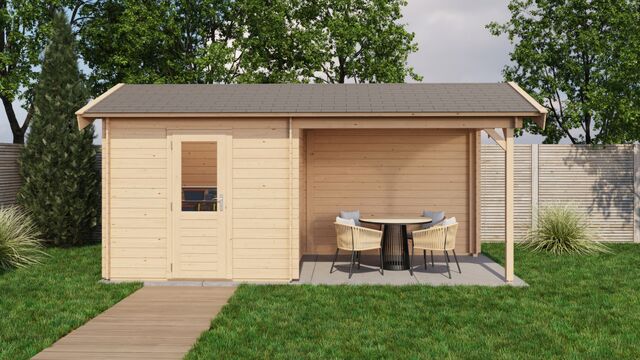 Trädgårdshus Ljungby - 5,5x2,5m (13,75 kvm) - Obehandlat – Vy från sidan med stängd dörr.