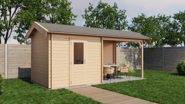 Trädgårdshus Ljungby - 5,5x2,5m (13,75 kvm) - Obehandlat – Rakt framifrån där fasaden syns tydligt.