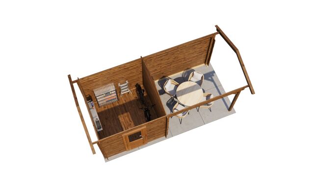 Trädgårdshus Ljungby - 5,5x2,5m (13,75 kvm) - Brun Tryckimpregnerat – 3D-vy ovanifrån av interiören med hyllor och verktyg.