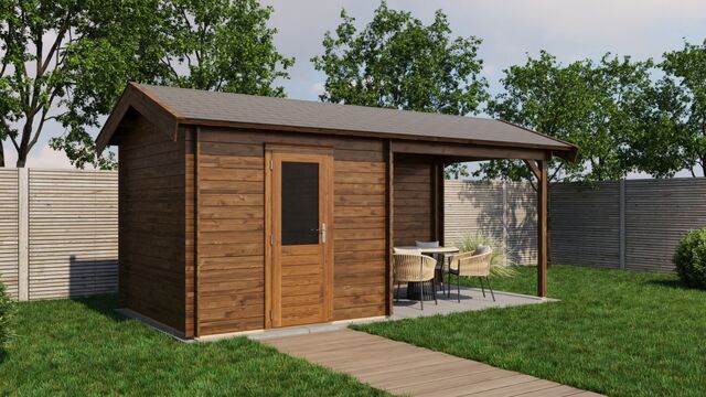 Trädgårdshus Ljungby - 5,5x2,5m (13,75 kvm) - Brun Tryckimpregnerat – Rakt framifrån fasadvy med dörr och fönster i stängt läge.