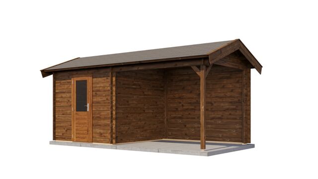 Trädgårdshus Ljungby - 5,5x2,5m (13,75 kvm) - Brun Tryckimpregnerat – Sned bakifrån vy som visar förrådets trästruktur och kompakta form.