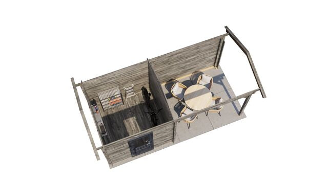 Trädgårdshus Ljungby - 5,5x2,5m (13,75 kvm) - Grå Tryckimpregnerat – 3D-vy ovanifrån av interiören med hyllor och verktyg.