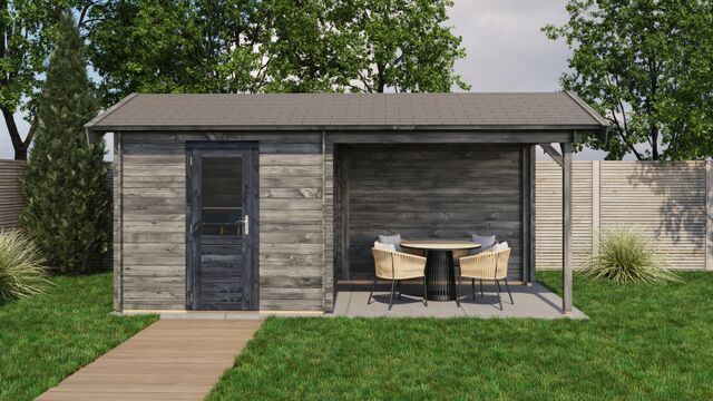 Trädgårdshus Ljungby - 5,5x2,5m (13,75 kvm) - Grå Tryckimpregnerat – Sidovy med stängt fönster och tydlig träpanel.