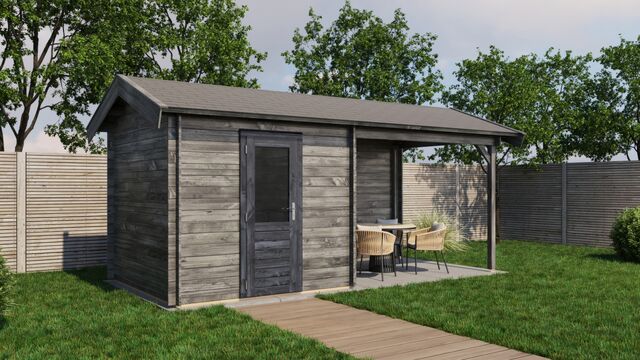 Trädgårdshus Ljungby - 5,5x2,5m (13,75 kvm) - Grå Tryckimpregnerat – Rakt framifrån fasadvy med dörr och fönster i stängt läge.