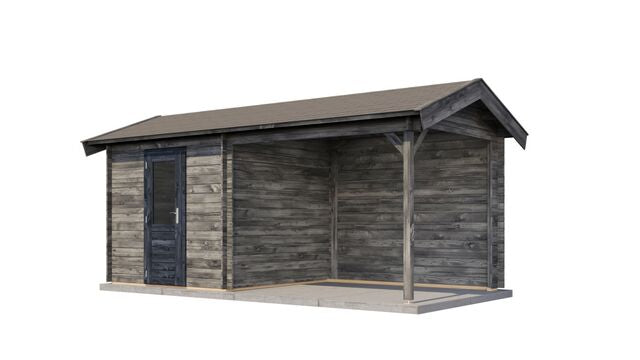 Trädgårdshus Ljungby - 5,5x2,5m (13,75 kvm) - Grå Tryckimpregnerat – Sned bakifrån vy som visar förrådets trästruktur och kompakta form.