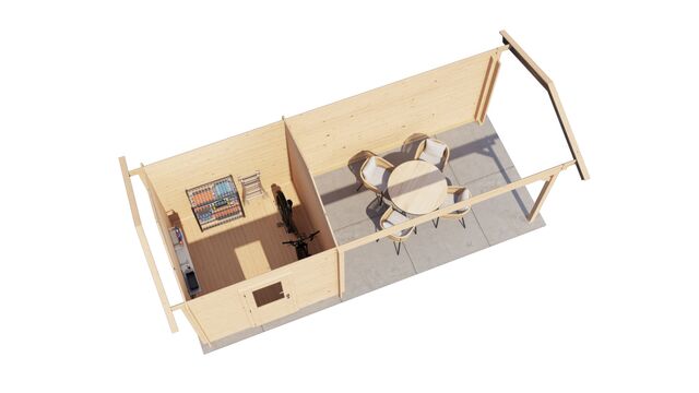 Trädgårdshus Strängnäs - 6,5x2,5m (16,25 kvm) - Obehandlat – 3D-vy av interiör med förvaring.