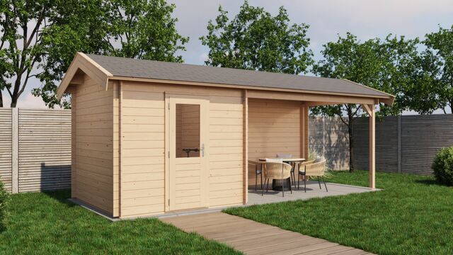 Trädgårdshus Strängnäs - 6,5x2,5m (16,25 kvm) - Obehandlat – Rakt framifrån där fasaden syns tydligt.