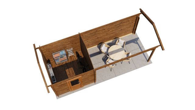 Trädgårdshus Strängnäs - 6,5x2,5m (16,25 kvm) - Brun Tryckimpregnerat – 3D-vy ovanifrån av interiören med hyllor och verktyg.