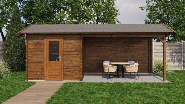 Trädgårdshus Strängnäs - 6,5x2,5m (16,25 kvm) - Brun Tryckimpregnerat – Sidovy med stängt fönster och tydlig träpanel.