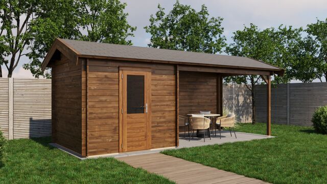 Trädgårdshus Strängnäs - 6,5x2,5m (16,25 kvm) - Brun Tryckimpregnerat – Rakt framifrån fasadvy med dörr och fönster i stängt läge.
