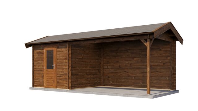 Trädgårdshus Strängnäs - 6,5x2,5m (16,25 kvm) - Brun Tryckimpregnerat – Sned bakifrån vy som visar förrådets trästruktur och kompakta form.