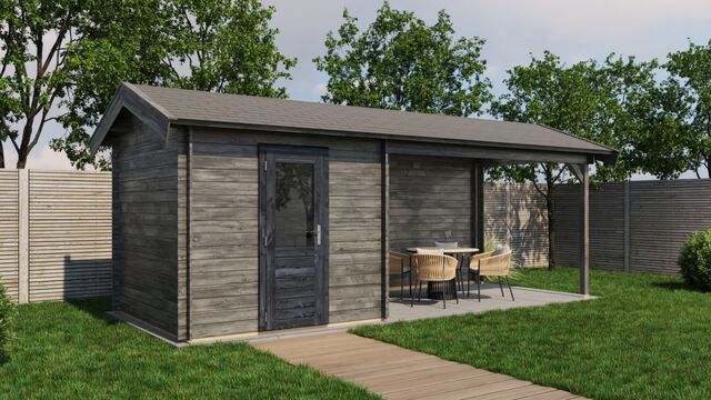 Trädgårdshus Strängnäs - 6,5x2,5m (16,25 kvm) - Grå Tryckimpregnerat – Rakt framifrån fasadvy med dörr och fönster i stängt läge.