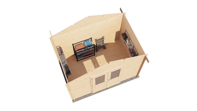 Förråd Norrtälje - 3x2m (6kvm) - Obehandlat – 3D-vy av interiör med förvaring.