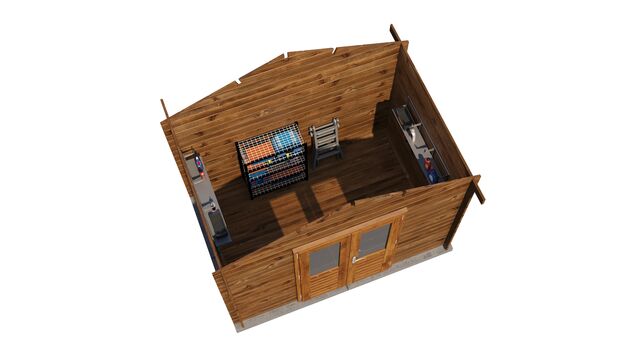 Förråd Norrtälje - 3x2m (6kvm) - Brun Tryckimpregnerat – 3D-vy ovanifrån av interiören med hyllor och verktyg.