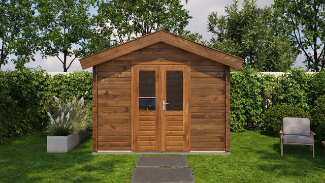 Förråd Norrtälje - 3x2m (6kvm) - Brun Tryckimpregnerat – Sidovy med stängt fönster och tydlig träpanel.