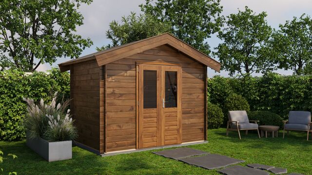 Förråd Norrtälje - 3x2m (6kvm) - Brun Tryckimpregnerat – Rakt framifrån fasadvy med dörr och fönster i stängt läge.