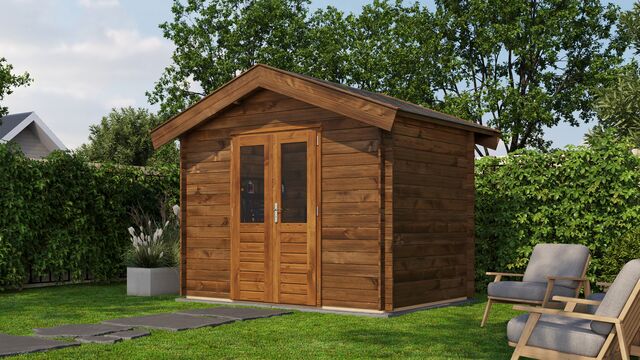 Förråd Norrtälje - 3x2m (6kvm) - Brun Tryckimpregnerat – Sned sidovy som visar fönstrets placering och bakre vägg.