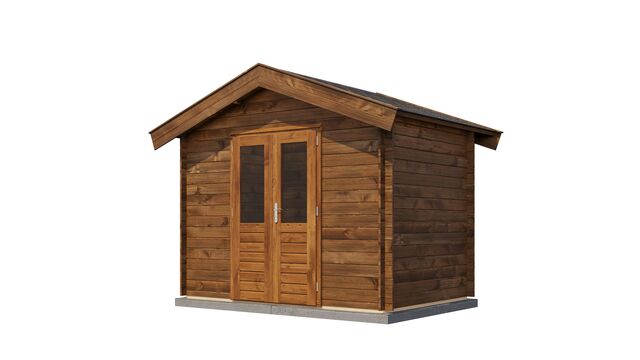 Förråd Norrtälje - 3x2m (6kvm) - Brun Tryckimpregnerat – Sned bakifrån vy som visar förrådets trästruktur och kompakta form.