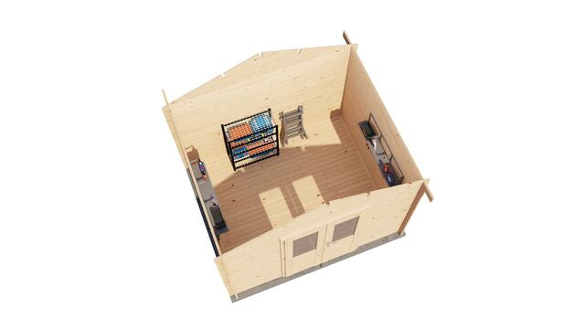 Förråd Höganäs - 3x2,5m (7,5kvm) - Obehandlat – 3D-vy av interiör med förvaring.