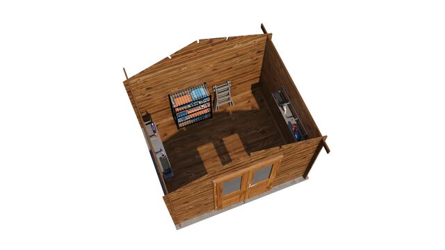 Förråd Höganäs - 3x2,5m (7,5kvm) - Brun Tryckimpregnerat – 3D-vy ovanifrån av interiören med hyllor och verktyg.