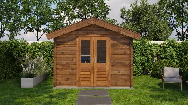 Förråd Höganäs - 3x2,5m (7,5kvm) - Brun Tryckimpregnerat – Sidovy med stängt fönster och tydlig träpanel.